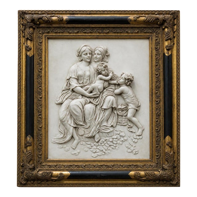 Vintage Classical Relief Wall Plaque in Ornate Gilt Frame – Mother & Cherubs Scene For Sale