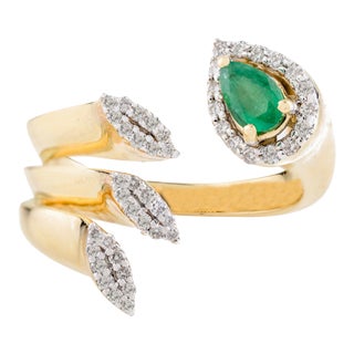 Pear Shape Emerald & Halo Diamond Open Wrap Ring Size 6 For Sale