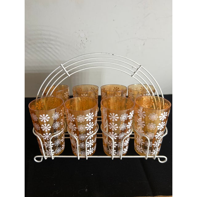 Jeannette Glass Mid-Century Jeannette Glass Marigold Floral Tumblers With Metal Carry Tray - Set of 8 For Sale - Image 4 of 7