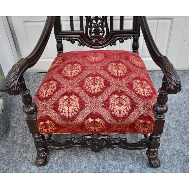1950s Vintage Carved Throne Chair High Back Renaissance Revival Armchair For Sale - Image 5 of 16