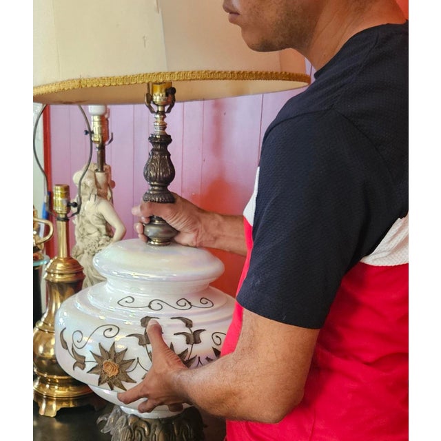 1970s Carl Falkenstein Attributed Opalescent and Brass Lamps - A Pair For Sale - Image 13 of 14