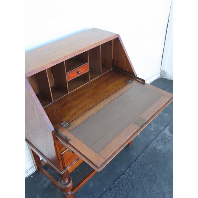 Early 1900s Solid Oak Leather Top Secretary Desk 6630 For Sale - Image 10 of 17