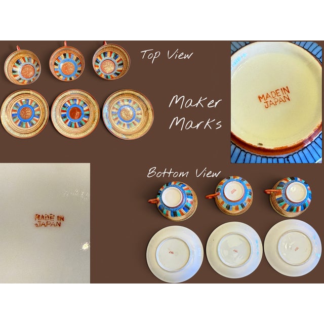 Antique Japanese 1000 Faces Porcelain Tea Cups & Saucers-Set of 3-Art Deco-Asian For Sale - Image 6 of 11