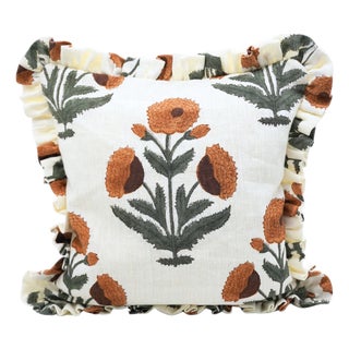 Badshah Block Print Off-White Linen Boho Frill Pillow Cover Handmade Double-Sided 14x36 Inch For Sale