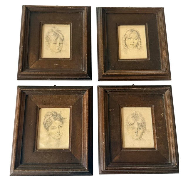 Mid-20th Century Framed Miniature Portrait Drawing Prints on Silk Attributed to Italian Artist René David - Set of Four For Sale - Image 12 of 12