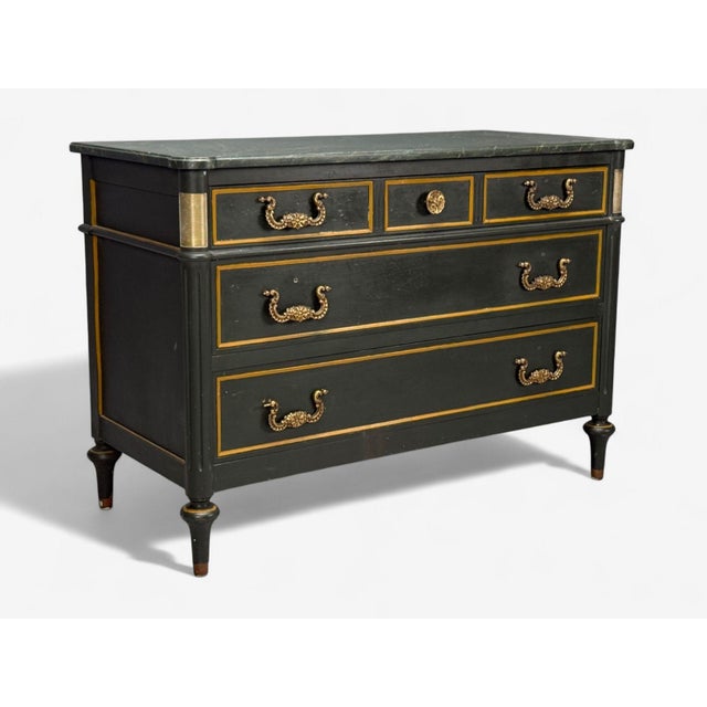 Jacques Bodart, Louis XVI Style, Green Paint, Brass, Commode or Chest of Drawers, USA, 1960s A wonderful French Louis XVI...
