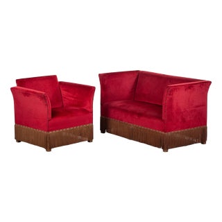Danish Red Velvet Sofa and Lounge Chair Set, 1950s For Sale