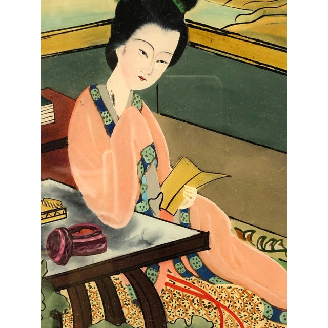 Early 20th Century Antique Chinese Reverse Glass Painting of a Geisha Original For Sale - Image 4 of 5
