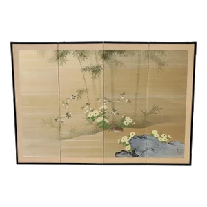 Antique Japanese Silk Screen Four-Panel Byobu Landscape With Two Quails, Chrysanthemums and Bamboo
