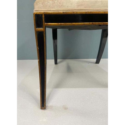 Pair mahogany side chairs with chinoiserie decoration on the top rails in the Regency manner Freshly upholstered Circa...