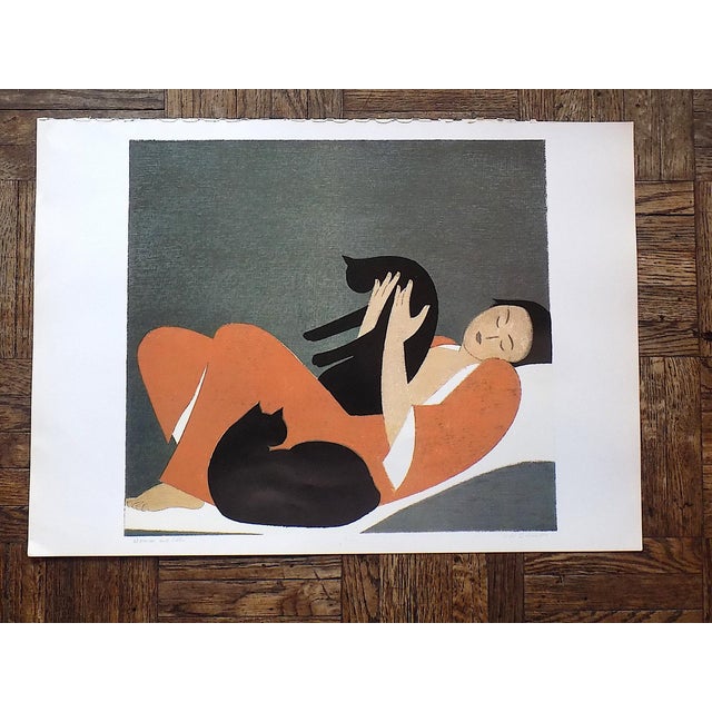This vintage lithograph (offset) after the well listed U.S. artist Will Barnet (NY 1911-2012) depicts a woman in a blue...