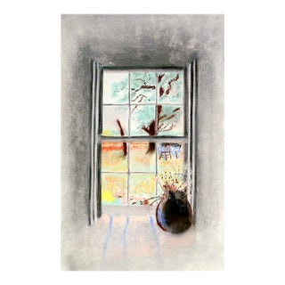 Mid 20th Century Sunny Garden Window View Pastel Drawing For Sale