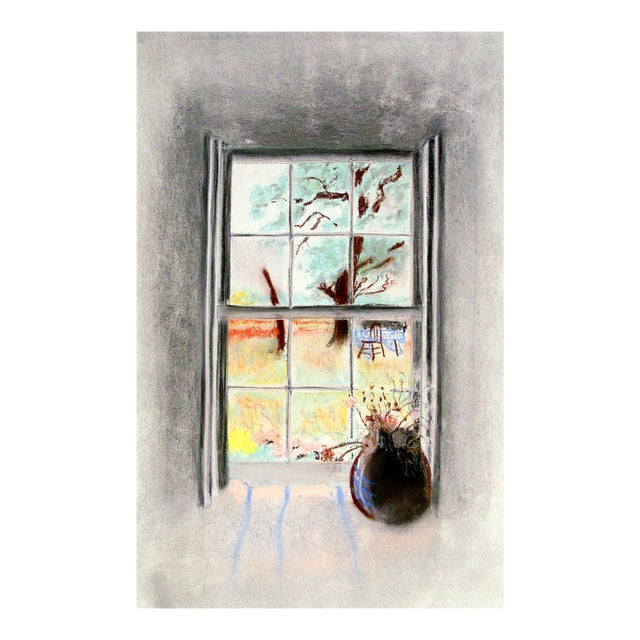 Mid 20th Century Sunny Garden Window View Pastel Drawing For Sale