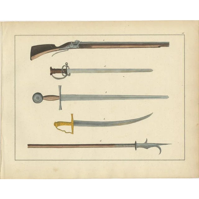 Title: 19th-century hand-coloured lithograph compilation of swords, firearms, and weaponry : this expertly hand-coloured...