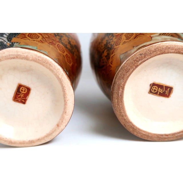 Ceramic Antique Japanese Signed Satsuma Porcelain Vases, Matched Pair With Double Handles, Faces and Dragon on Each For Sale - Image 7 of 10
