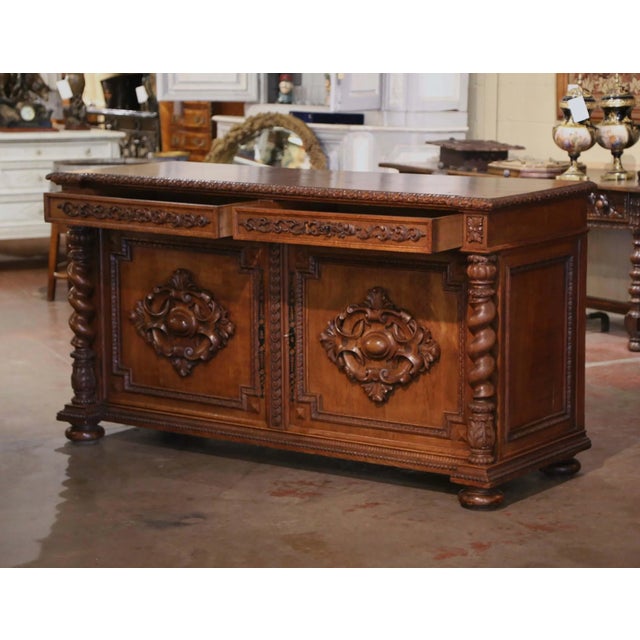 19th Century French Louis XIII Carved Oak Buffet With Parquetry Top For Sale - Image 9 of 12