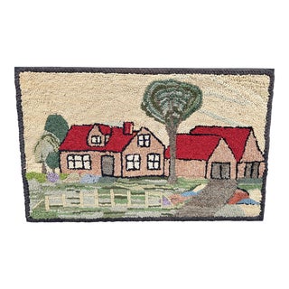 American Folk Art Hooked Rug With a Farm Scene Circa 1930's For Sale