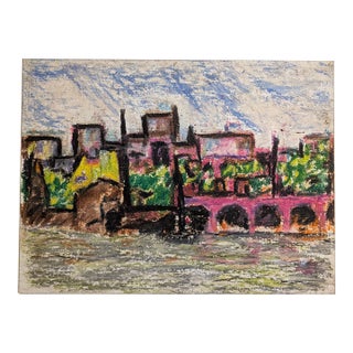 Vintage Mid-Century Expressionist Cityscape Painting on Macy's Canvas Board For Sale