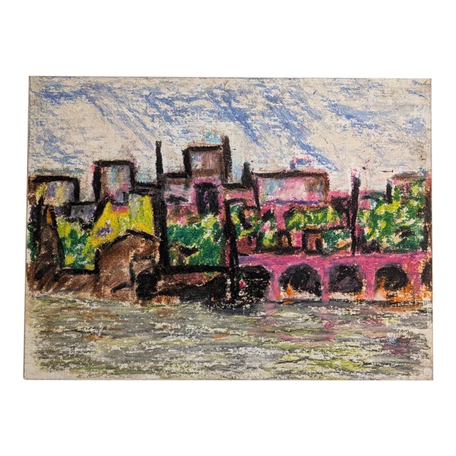 Vintage Mid-Century Expressionist Cityscape Painting on Macy's Canvas Board For Sale