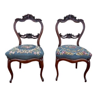Early 20th Century Pair of Antique Victorian Balloon Back Tapestry Seat Parlor Chairs For Sale