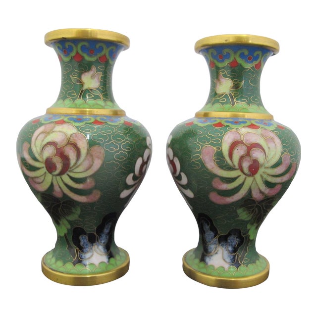 Miniature Chinese Green Flower Gilt Cloisonne Vase Pair For Sale