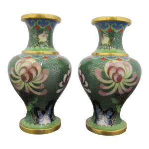 Miniature Chinese Green Flower Gilt Cloisonne Vase Pair