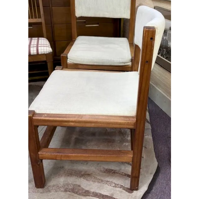 Mid-Century Modern Mid Century Angular Wood Dining Chairs With Thick Linen Upholstery For Sale - Image 3 of 7