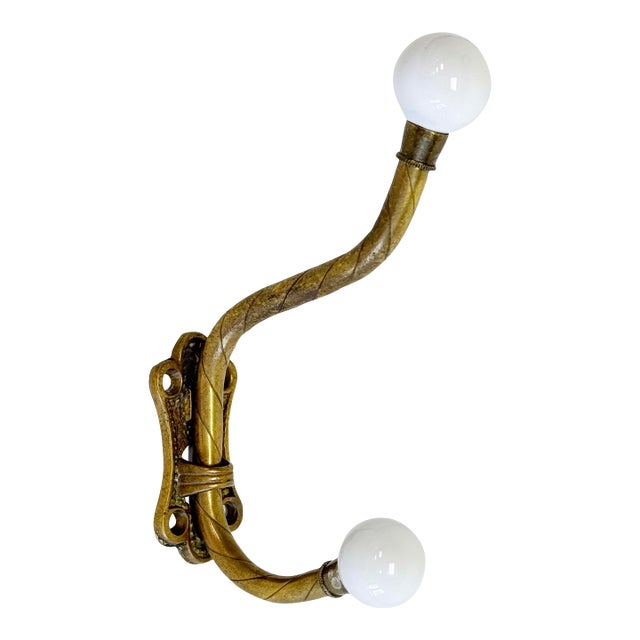 Vintage French Style Brass and Ceramic Wall Hook For Sale