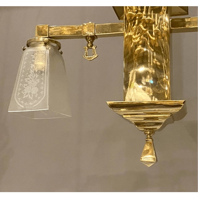 Early 20th Century Early 20th Century Rectangular Brass Mission Arts and Crafts Chandelier Light Pe For Sale - Image 5 of 7