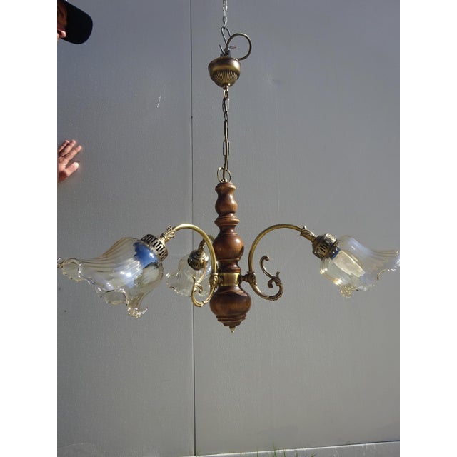 Three-Light Chandelier in Wood, Bronze and Glass, 1980s For Sale - Image 3 of 15