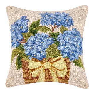 Blue Hydrangea Floral Basket Hook Pillow, 16" x 16" For Sale