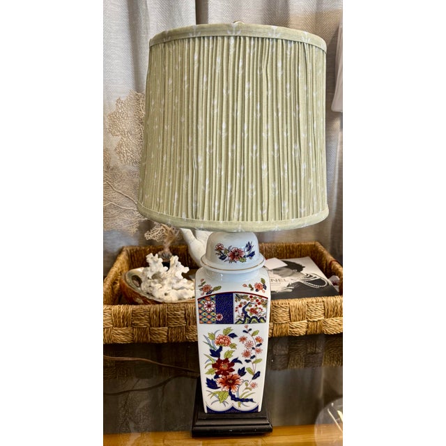Exquisite Imari porcelain Asian style floral motif table lamp with handmade pleated cotton sage green lampshade. Original...