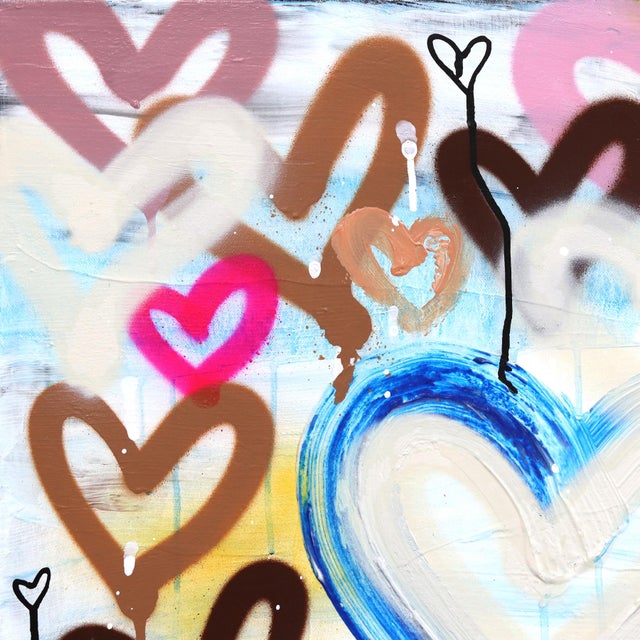 Textile Innocent Heart Kisses - Original Colorful Pop Art Mixed Media Painting With Hearts on Canvas by Amber Goldhammer For Sale - Image 7 of 9