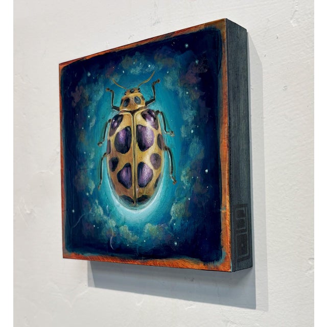 Contemporary Space Beetle 02 by Stacy D'Aguiar | Acrylic on wood Illustration of a beetle against a cosmic background For Sale - Image 3 of 5