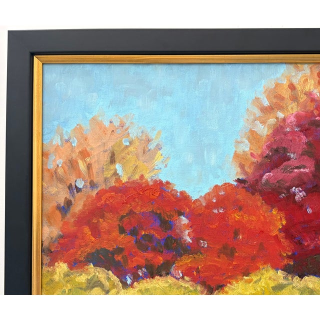 Abstract impressionist landscape of peak autumn colors expressed with energetic strokes of red, orange, burgundy, rose,...