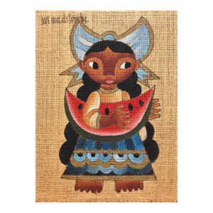 Jose Maria de ServinFolk Art Mexican Girl with Watermelon Oil Painting on Burlap
