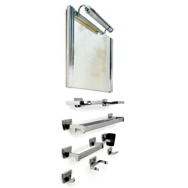 Art Deco Chrome Bathroom Mirror with Accessories from E.P. Milano, 1930s, Set of 8 For Sale - Image 4 of 6
