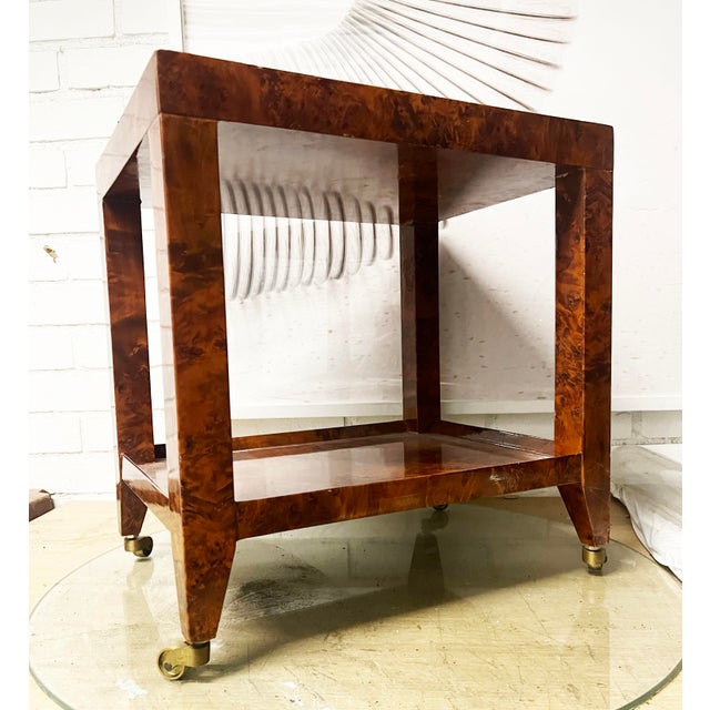 Chestnut Burlwood 2-Tier Side Table- Karl Springer “Telephone Table” Style For Sale - Image 8 of 8