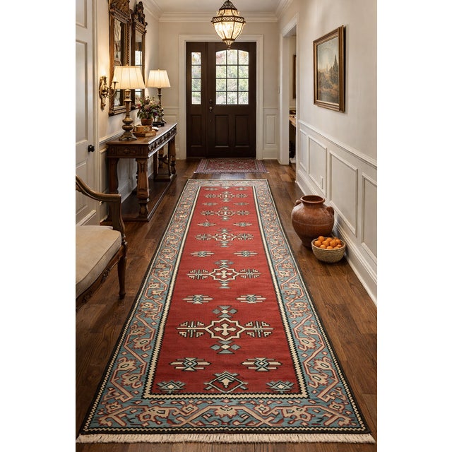 Mid-Century Modern Fine Quality Handwoven Vintage Kilim Runner – Geometric Tribal Motifs -3' X 10' 6'' For Sale - Image 3 of 13