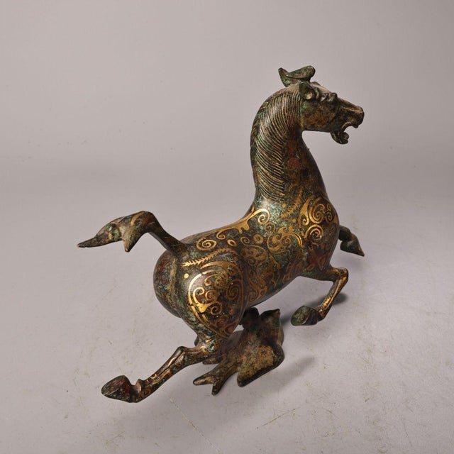 Metal Vintage Bronze "Flying Horse of Gansu" With Gold Inlay Statue - 10" Wide For Sale - Image 7 of 10