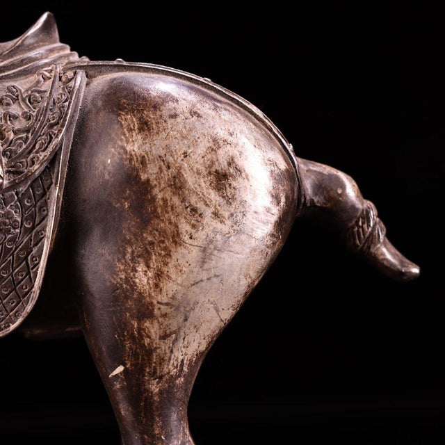 Solid Copper Silvered Galloping Horse Statue (Zhaocai Ma) - Gilt Silver Bronze Horse Figurine With Ornate Saddle For Sale In Los Angeles - Image 6 of 10