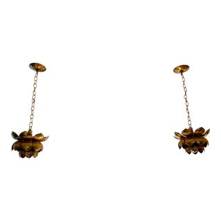 1960s Brass Lotus Pendant Lights by Feldman in the Style of Parzinger - a Pair For Sale