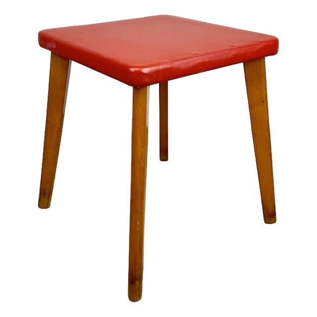 Wooden Stool with Red Imitation Leather, 1950s For Sale