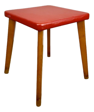 Wooden Stool with Red Imitation Leather, 1950s