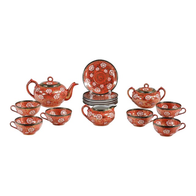 Mid-20th Century Oriental Chinese Red & Gold Hand Painted Porcelain Tea Set Made in Japan For Sale