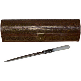 Copper, Brass and Wood Box With Mother of Pearl Handle Letter Opener For Sale