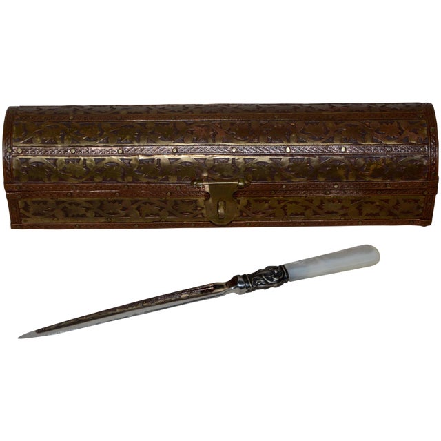 Copper, Brass and Wood Box With Mother of Pearl Handle Letter Opener For Sale