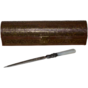 Copper, Brass and Wood Box With Mother of Pearl Handle Letter Opener