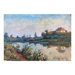 Ukrainian Impressionism River Oil Painting, Rural Landscape, 1956 24-35 For Sale