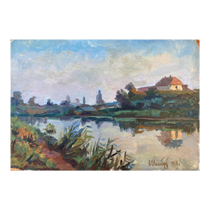 Ukrainian Impressionism River Oil Painting, Rural Landscape, 1956 24-35